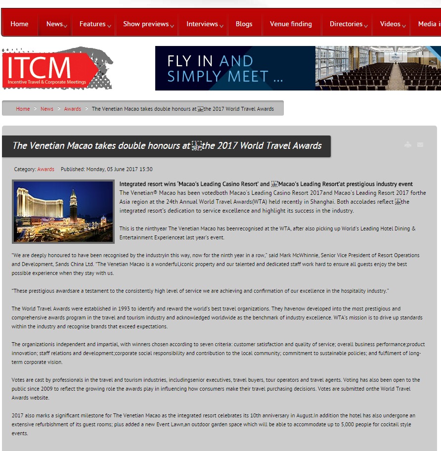 The Venetian Macao takes double honours at the 2017 World Travel Awards